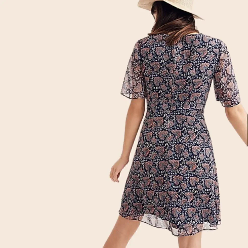 Madewell Navy Orchard Flutter-Sleeve Dress in Fan Floral Mix Size 2